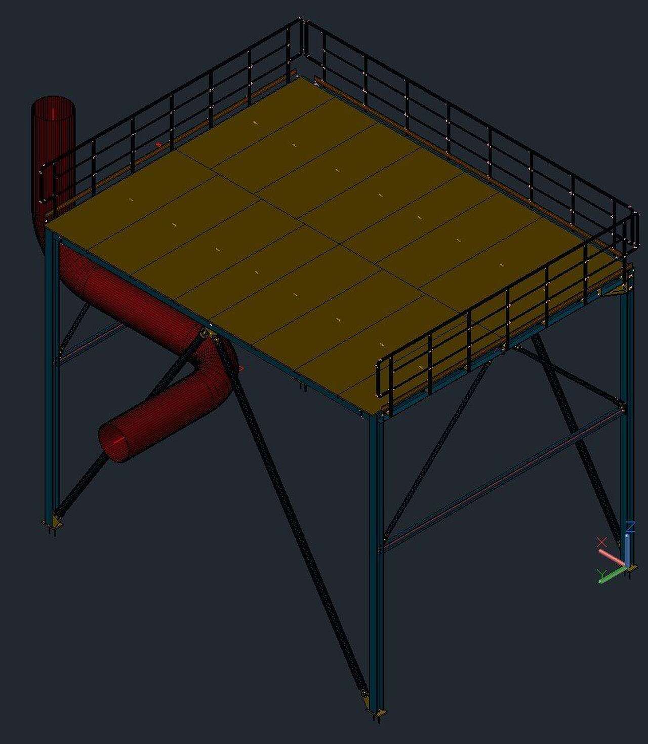 3D-Modell einer Bühne mit Geländer und Rohrleitung