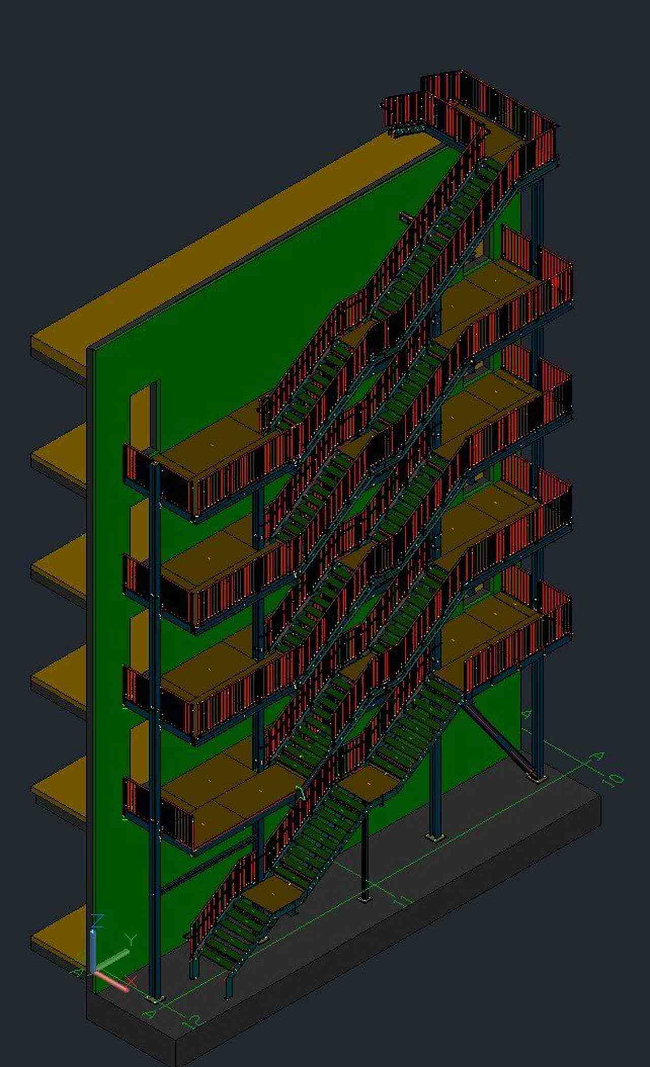 3D-Modell einer mehrgeschossigen Fluchttreppe