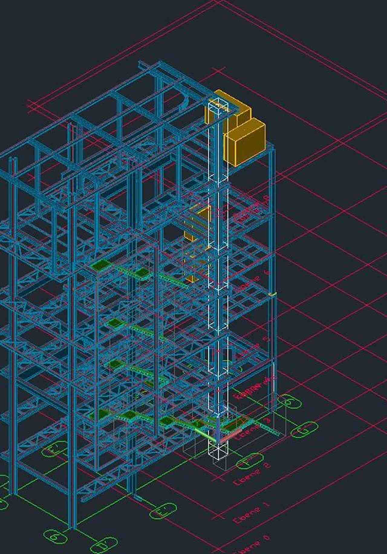 3D-Modell eines Gerüsts mit mehreren Ebenen