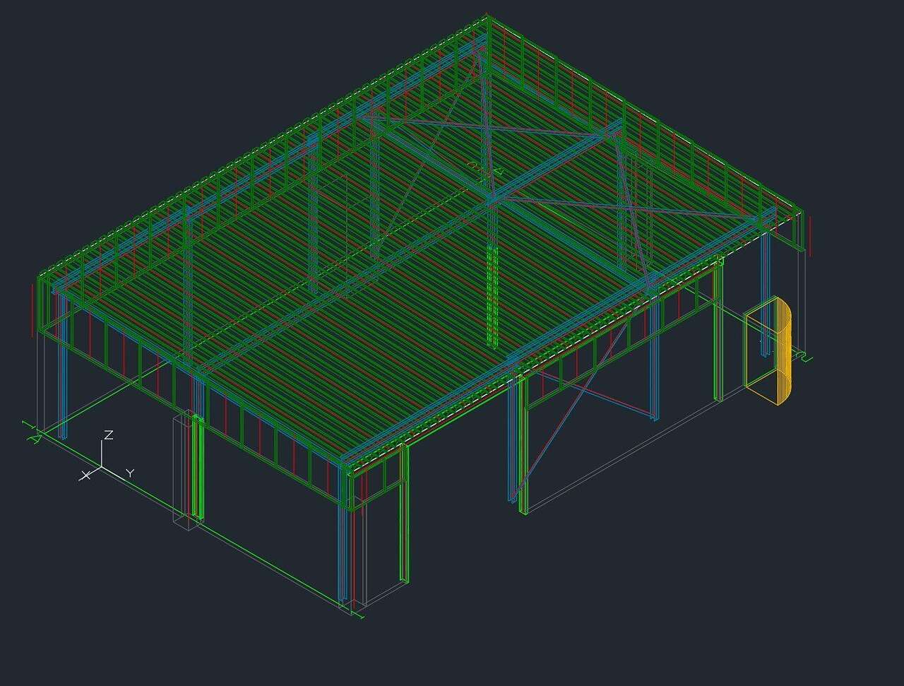 3D-Modell einer Stahlhalle mit Pfetten und Verbänden