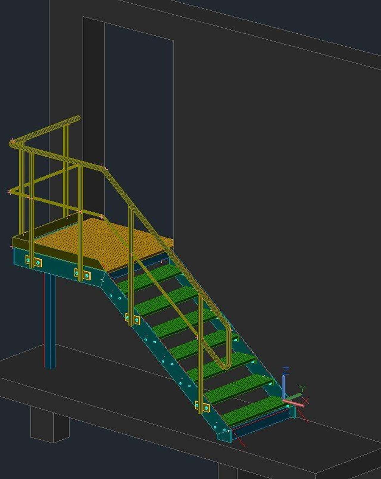 3D-Modell eines Podests mit Treppe an einer Wand