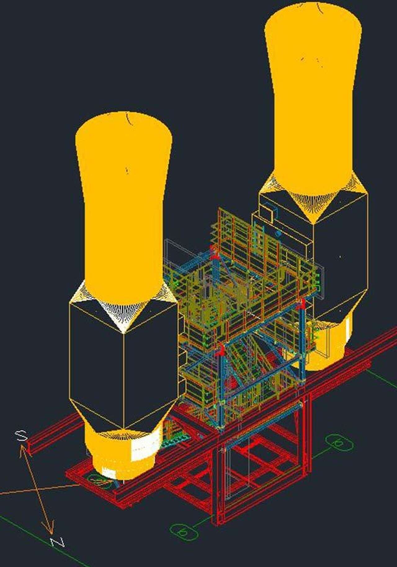 3D-Modell eines Stahlunterbaus für zwei Silos