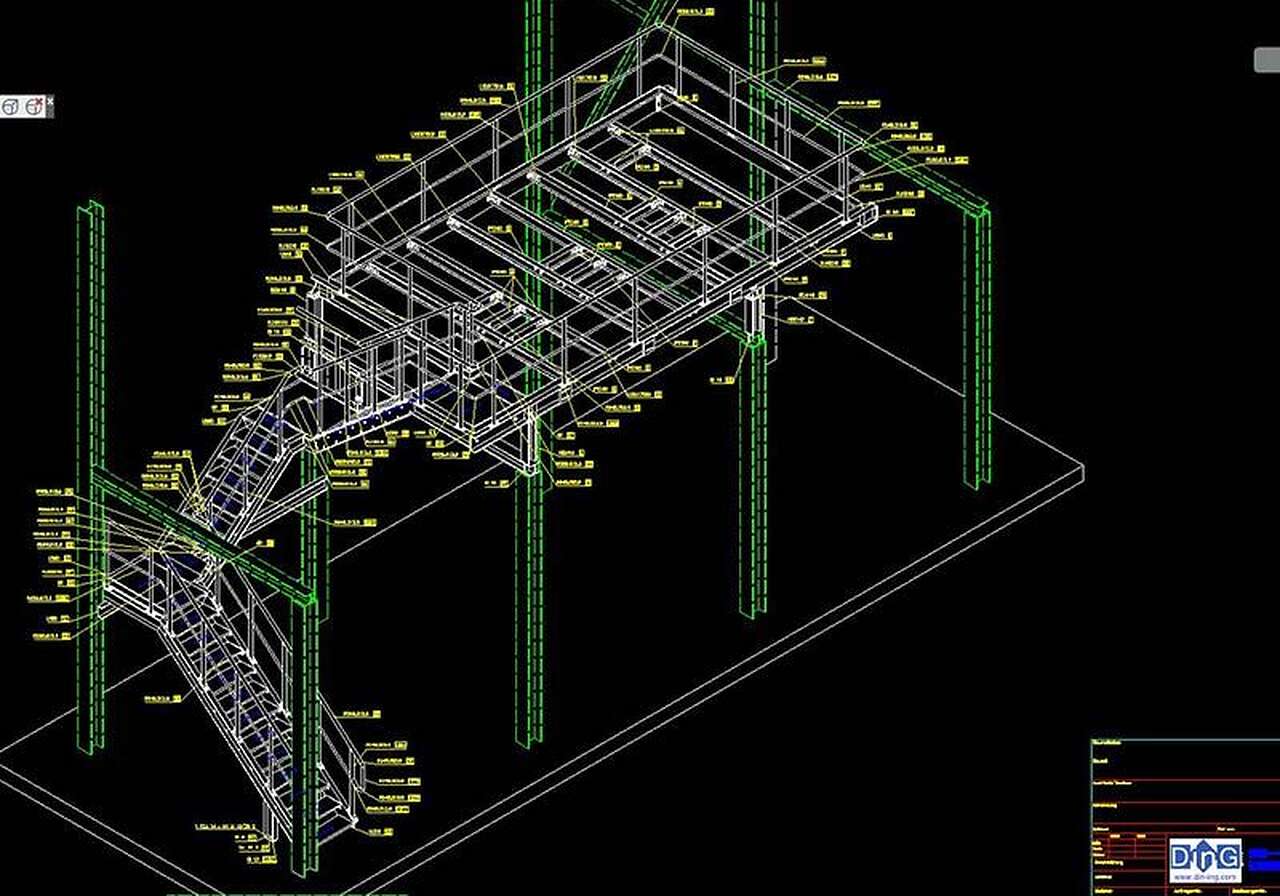 Werkstattzeichnung einer Bühne mit Treppe, Ansichten und Stückliste